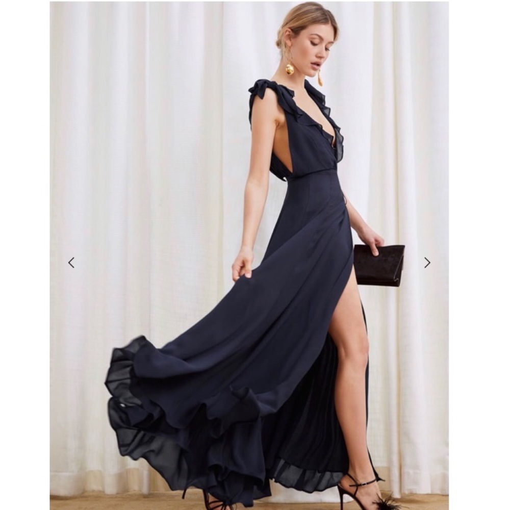 Navy Blue Wrap Dress Gown from Reformation